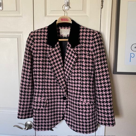 VINTAGE Lord & Taylor Houndstooth Blazer Pink Black Velour Women's 6 READ - Picture 1 of 15